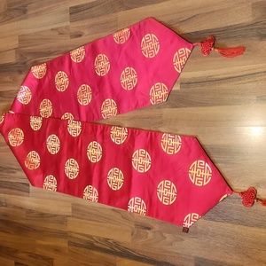Beautiful Red Gold & Brown Chinese Silk Long Table Scarf Runner with Tassels